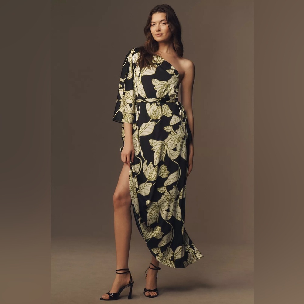 NWT HUTCH SIZE 1X Adina One-Shoulder‎ Asymmetric Stretch Satin Midi Dress floral